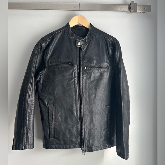 Black Men’s Leather Jacket Banded Collar - Picture 1 of 5
